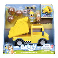 Bluey's yellow dump truck. Includes bluey with hard hat and muddy Bingo figures.